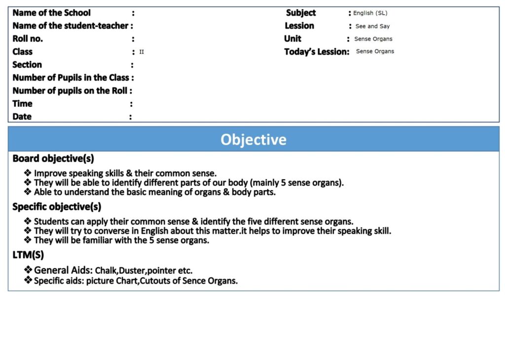 Class II English Sense Organs Macro Lesson Plan